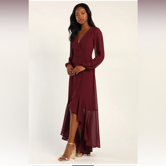 Lulus Perfectly Lovely Plum Long Sleeve Lace-Up High-Low Maxi Dress - Picture 3 of 4